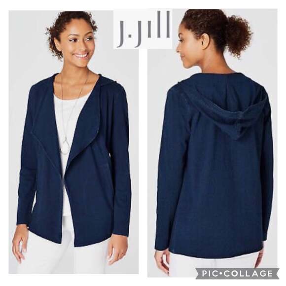 NWT J. Jill  Pure Jill Soft & Light Indigo Knit Draped Hooded Jacket size small - Picture 1 of 12